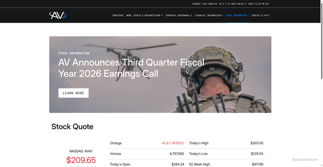 Security scan screenshot of https://investor.avinc.com/stock-information/stock-performance