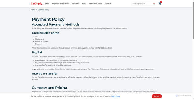 Security scan screenshot of https://cargriply.com/payment-policy.php