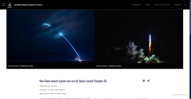 Security scan screenshot of https://www.spaceforce.mil/news/article-display/article/4031667/new-glenn-launch-signals-new-era-for-space-launch-complex-36/