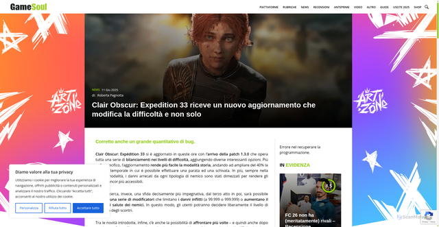 Security scan screenshot of https://www.gamesoul.it/clair-obscur-expedition-33-riceve-nuovo-aggiornamento-modifica-difficolta/