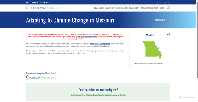 Security scan screenshot of https://www.georgetownclimate.org/adaptation/state-information/missouri/overview.html