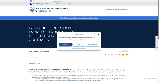 Security scan screenshot of https://au.usembassy.gov/fact-sheet-president-donald-j-trump-closes-billion-dollar-deals-with-australia/