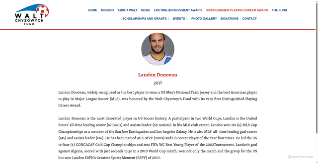 Security scan screenshot of https://waltslegacy.com/distinguished-playing-career-award/landon-donovan