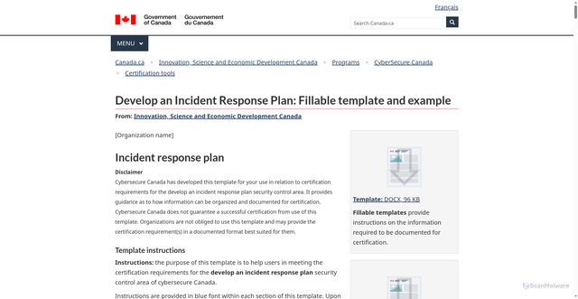 Security scan screenshot of https://ised-isde.canada.ca/site/cybersecure-canada/en/certification-tools/develop-incident-response-plan-fillable-template-and-example
