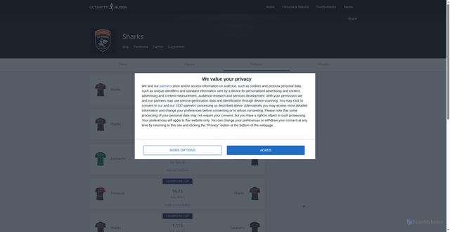 Security scan screenshot of https://www.ultimaterugby.com/sharks/matches