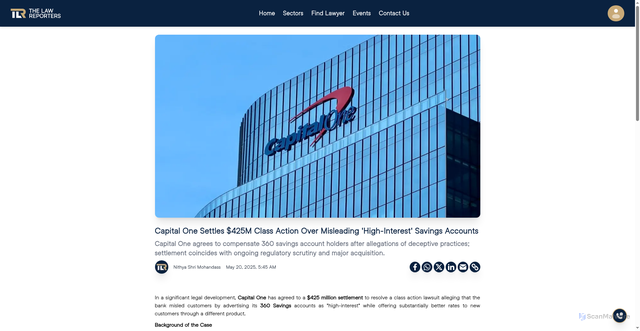 Security scan screenshot of https://thelawreporters.com/capital-one-settles-425m-class-action-over-misleading-high-interest-savings-accounts