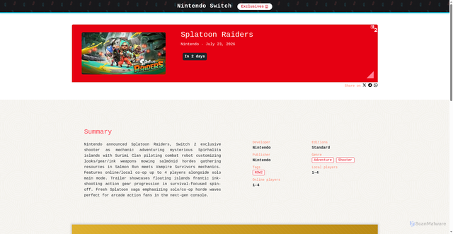 Security scan screenshot of https://nswitchex.com/details/splatoon-raiders