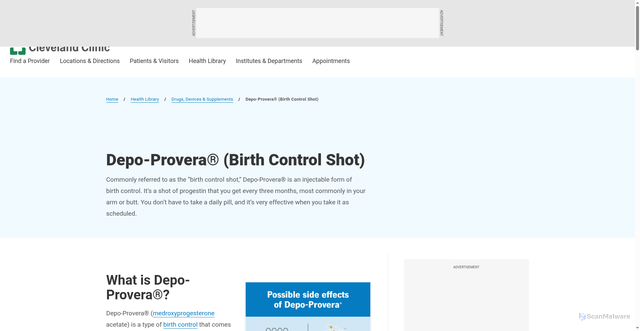 Security scan screenshot of https://my.clevelandclinic.org/health/drugs/4086-depo-provera-birth-control-shot