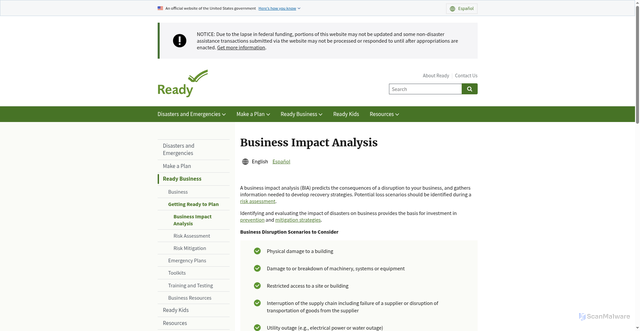 Security scan screenshot of https://www.ready.gov/business/planning/impact-analysis