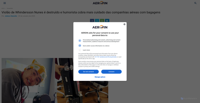 Security scan screenshot of https://aeroin.net/violao-de-whindersson-nunes-e-destruido-e-humorista-cobra-mais-cuidado-das-companhias-aereas-com-bagagens/