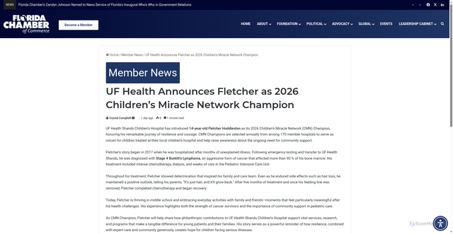 Security scan screenshot of https://www.flchamber.com/uf-health-announces-fletcher-as-2026-childrens-miracle-network-champion/