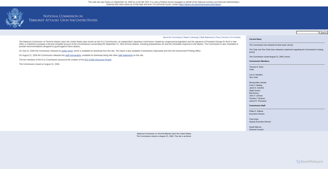 Security scan screenshot of https://9-11commission.gov/