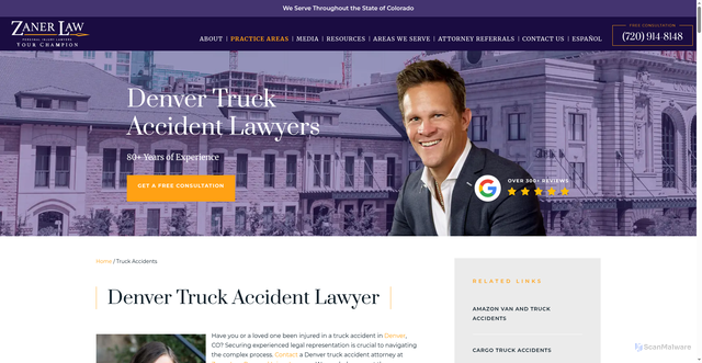 Security scan screenshot of https://zanerhardenlaw.com/denver-truck-accident-lawyer/