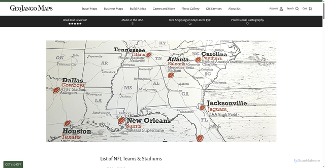 Security scan screenshot of https://geojango.com/pages/list-of-nfl-teams?srsltid=AfmBOoqK1xdF6Xd7p5IU911tBSUpO2UPadVQeEHXcTu_HTC_fy112_7f