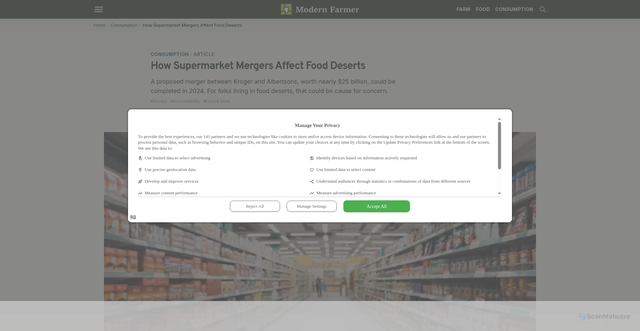 Security scan screenshot of https://modernfarmer.com/2023/11/supermarket-mergers-food-deserts/