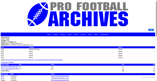 Security scan screenshot of https://profootballarchives.com/players/b/brow05040.html