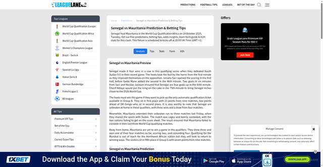 Security scan screenshot of https://leaguelane.com/predictions/senegal-vs-mauritania-14-october-2025/