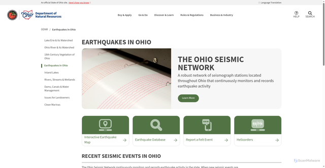 Security scan screenshot of https://ohiodnr.gov/discover-and-learn/land-water/earthquakes