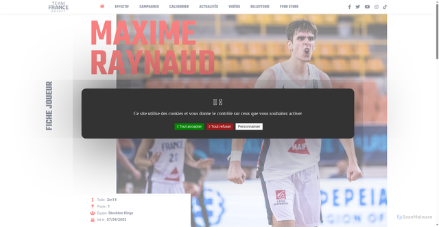 Security scan screenshot of https://www.teamfrancebasket.com/player/554-maxime-raynaud/career