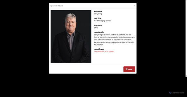 Security scan screenshot of https://www.sporticolive.com/investinsportswest/speaker/1683966/larry-berg