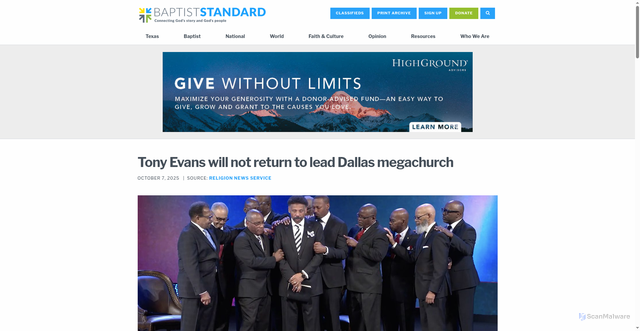 Security scan screenshot of https://baptiststandard.com/news/texas/tony-evans-will-not-return-to-lead-dallas-megachurch/