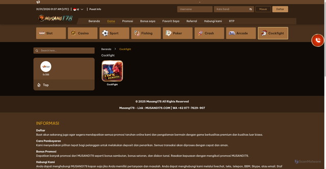 Security scan screenshot of https://musang178ceo.com/games/cockfight