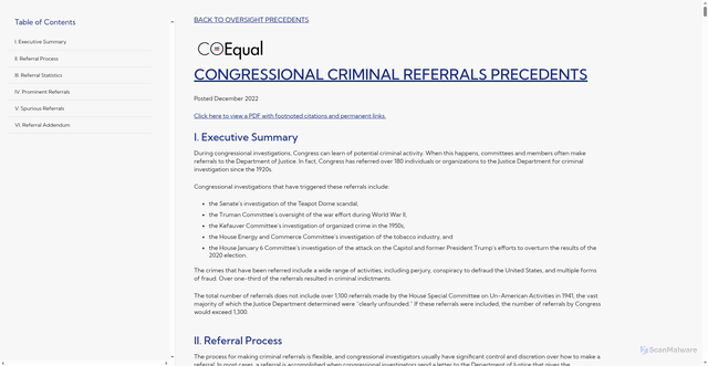 Security scan screenshot of https://www.co-equal.org/guide-to-congressional-oversight/congressional-criminal-referrals-precedents