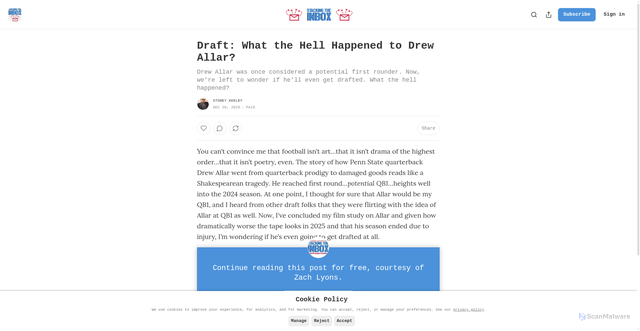 Security scan screenshot of https://stackingtheinbox.substack.com/p/draft-what-the-hell-happened-to-drew