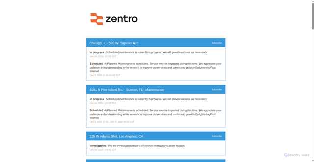 Security scan screenshot of https://status.zentrointernet.com/