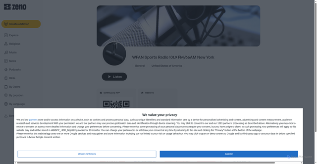 Security scan screenshot of https://zeno.fm/radio/wfan-sports-radio-101-9-fm-66am-new-york/