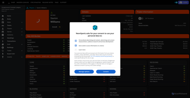 Security scan screenshot of https://www.neonsportz.com/leagues/SMF/players/553388905