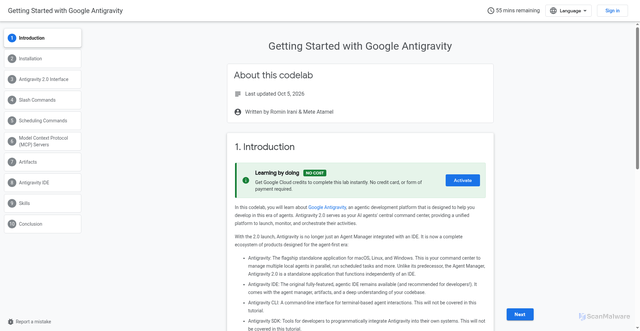 Security scan screenshot of https://codelabs.developers.google.com/getting-started-google-antigravity