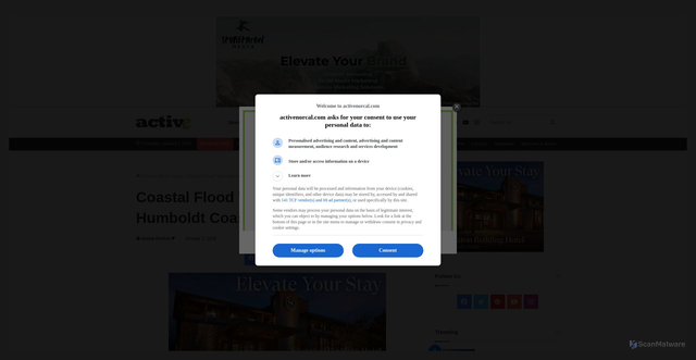 Security scan screenshot of https://www.activenorcal.com/coastal-flood-warning-issued-for-humboldt-coast-as-high-tides-peak/