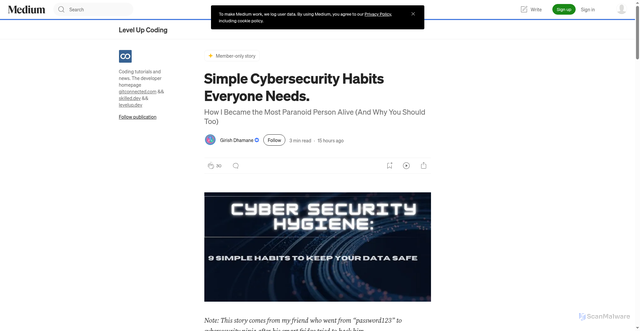 Security scan screenshot of https://levelup.gitconnected.com/simple-cybersecurity-habits-everyone-needs-337228524d7b