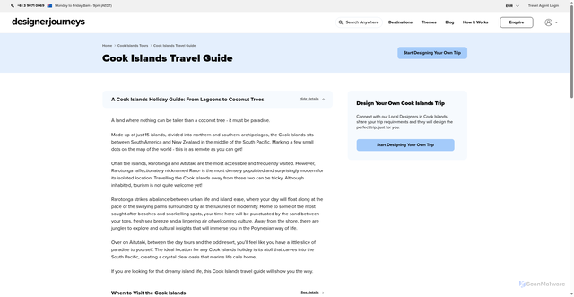 Security scan screenshot of https://www.designerjourneys.com/cook-islands/travel-guide