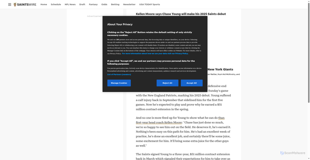 Security scan screenshot of https://saintswire.usatoday.com/story/sports/nfl/saints/2025/10/10/chase-young-injury-report-saints-patriots-drake-maye-contract/86628129007/