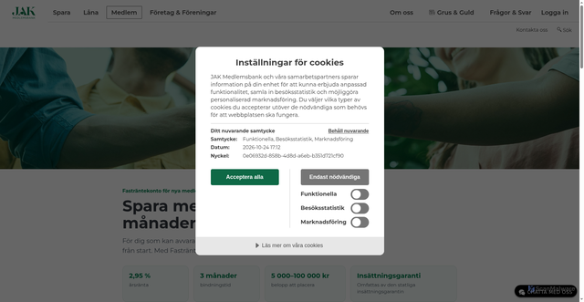 Security scan screenshot of https://www.jak.se/medlem/membership-pages/bli-medlem-kampanj/?affiliate=elskling&apcid=006a904f8dedc87f4eba340b&utm_campaign=fastrantesparkonto_medlemskap_2026&utm_content=elsklingsend_late_2_se1-2&utm_medium=affiliate&utm_source=elskling