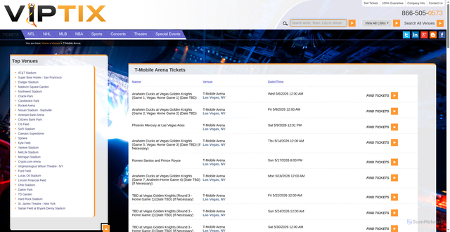 Security scan screenshot of https://viptix.com/venues/t-mobile-arenalas-vegasnv.html