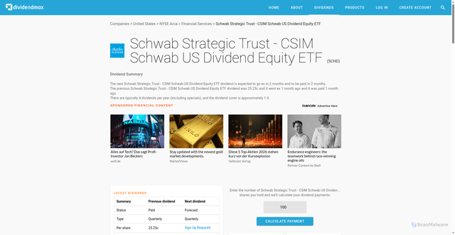Security scan screenshot of https://www.dividendmax.com/united-states/nyse-arca/financial-services/schwab-strategic-trust-csim-schwab-us-dividend-equity-etf/dividends