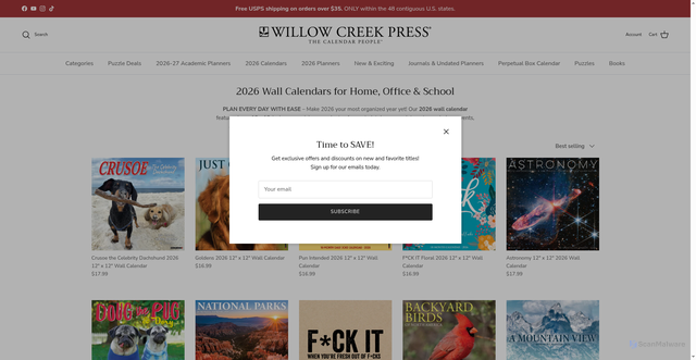 Security scan screenshot of https://www.willowcreekpress.com/collections/2026-wall-calendar?srsltid=AfmBOoroMSgEmZe34FAg5qS-0ELHI0uNl-BLssQvlR7S4H7UFRrhDGVR