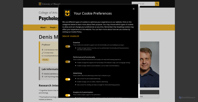 Security scan screenshot of https://psychology.missouri.edu/people/mccarthy