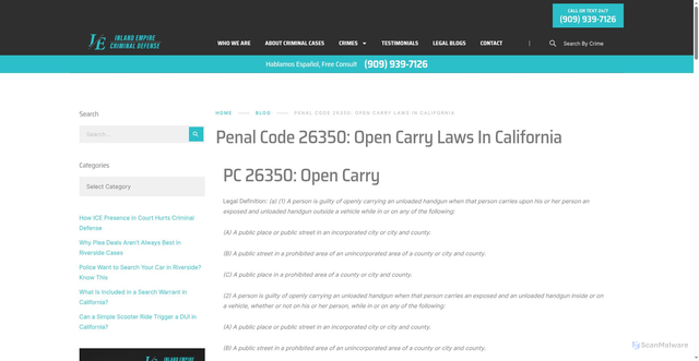 Security scan screenshot of https://iecriminaldefense.com/penal-code-26350-open-carry-laws-in-california/