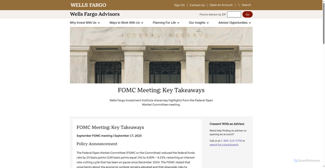 Security scan screenshot of https://www.wellsfargoadvisors.com/research-analysis/reports/fed-rate.htm