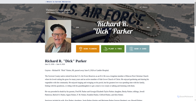 Security scan screenshot of https://www.stricklandandsonsfuneralhome.com/obituaries/richard-r-dick-parker