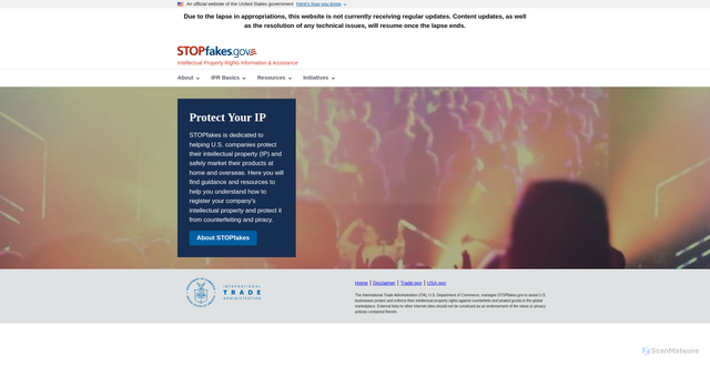 Security scan screenshot of https://www.stopfakes.gov/