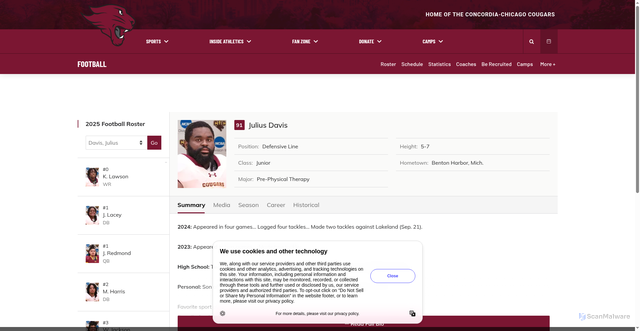 Security scan screenshot of https://cucougars.com/sports/football/roster/julius-davis/9934