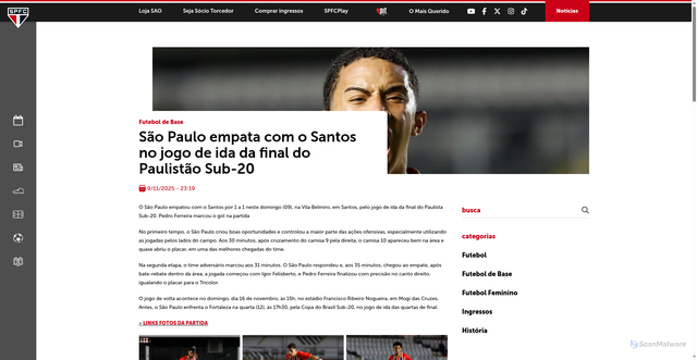 Security scan screenshot of https://www.saopaulofc.net/sao-paulo-empata-com-o-santos-no-jogo-de-ida-da-final-do-paulistao-sub-20/