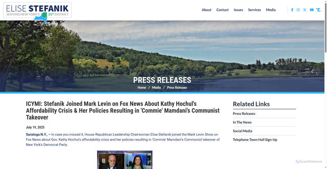Security scan screenshot of https://stefanik.house.gov/2025/7/icymi-stefanik-joined-mark-levin-on-fox-news-about-kathy-hochul-s-affordability-crisis-her-policies-resulting-in-commie-mamdani-s-communist-takeover