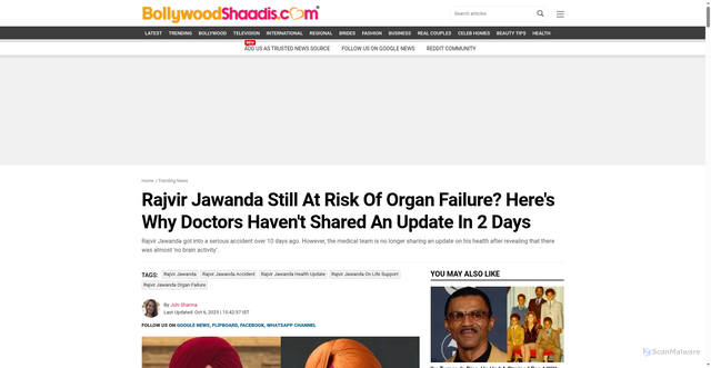 Security scan screenshot of https://www.bollywoodshaadis.com/articles/rajvir-jawanda-medical-team-69295