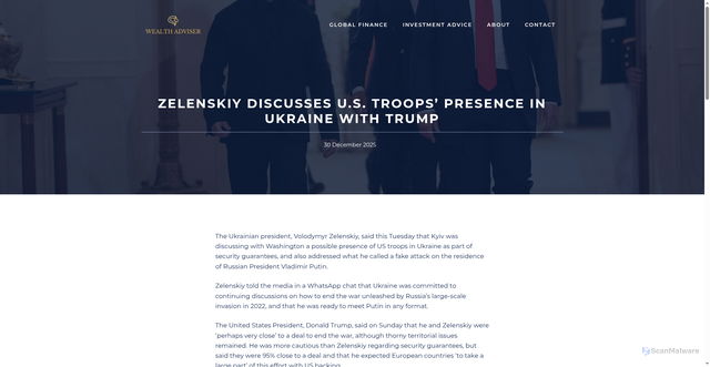 Security scan screenshot of https://www.wealthadviser.co/zelenskiy-discusses-u-s-troops-presence-in-ukraine-with-trump/